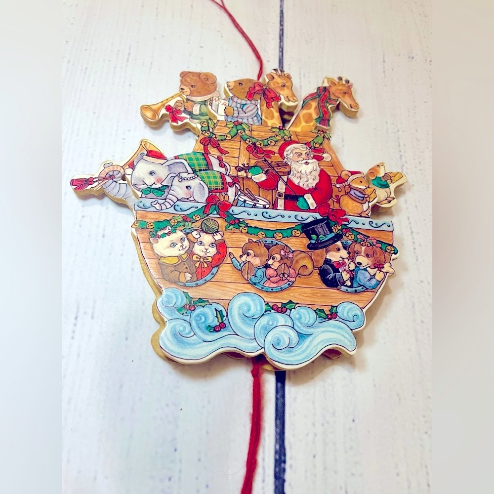 Vintage Santa’s Ark Ornament , Wooden Whimsical Jumping Jack Motion Pull String